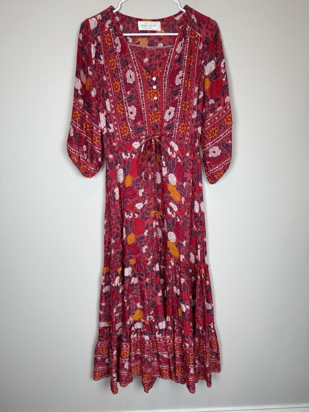 WALKER & WADE Carrie Tired Maxi Dress Floral V-neck Pink Lightweight Boho Sz XS